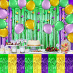 6 Pack 29x108 Inch Mardi Gras Metallic Foil Fringe Tinsel Table Skirts for Rectangle Tables Streamer Backdrop for Wedding, Birthday, Parade Floats, Carnival Party Decoration Gold Green Purple