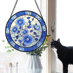 Stained Glass Window Hanging, Blue and White Plum Blossom Sun Catcher for Door Home Decor Flowers Suncatcher Christmas Mother's Day Birthday Gifts for Women Men Mom and Nana 6.3 in