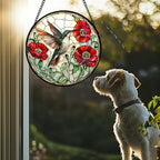 Stained Glass Window Hanging - Green Hummingbird Red Flower Suncatcher for Door Terrace Garden Home Decor Bird Landscape Sun Catcher Birthday Gifts for Lovers Women Men Dad Mom Nana 7.8 in