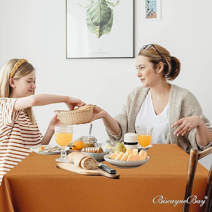 Biscaynebay Fall Tablecloth Textured Fabric Square Tablecloths 90x90 Inch, Bronze Thanksgiving Autumn Harvest Water Resistant Fabric Tablecloths for Kitchen, Dining, Wedding, Parties Machine Washable
