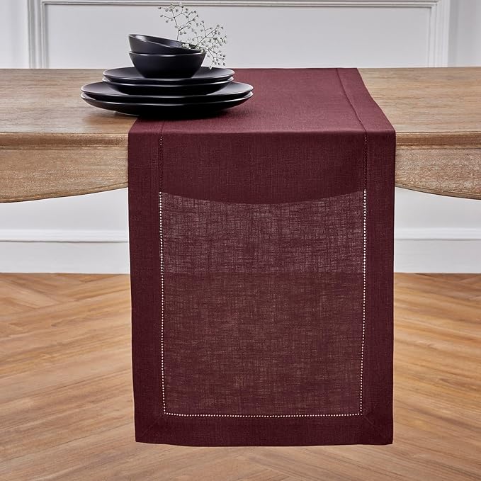 Solino Home Linen Burgundy Table Runner 156 Inches Long - 100% Pure Linen Extra Long Table Runner 14 x 156 Inch for Christmas, Fall, Autumn, Thanksgiving - Classic Hemstitch