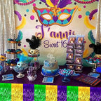 6 Pack 29x108 Inch Mardi Gras Metallic Foil Fringe Tinsel Table Skirts for Rectangle Tables Streamer Backdrop for Wedding, Birthday, Parade Floats, Carnival Party Decoration Gold Green Purple