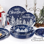 Supernal 150pcs Christmas Dinnerware Set - Blue and White Plates With Trees Design, Blue Silverware, Santa and Moose Silver Cups for New Year