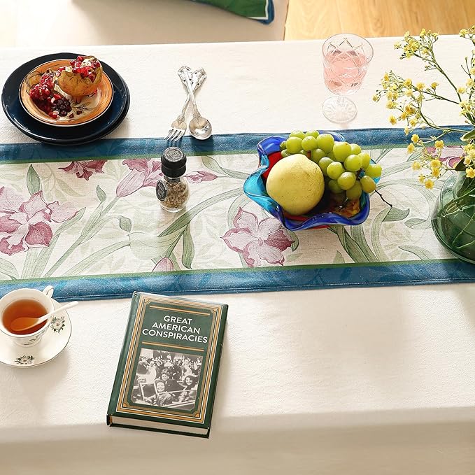 patdrea Designer Elegant Bright Linen Table Runner 102 Inch Long, Mauve Iris Floral Pattern Table Mat, Decoration for Kitchen Dining Table Coffee Table Shelf Cabinet Banquet Christmas ,12"*102"
