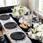 bUCLA 100PCS Black Plastic Plates - Heavy Duty Black Disposable with Silver Rim Include 50 Each (10 inch Dinner & 7 inch Dessert) Plates, Ideal for Party & Halloween