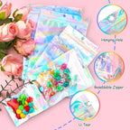 Funfery 100 Pack Smell Proof Holographic Bags Clear Window Resealable Bags,Mylar Foil Bag with Zipper,Sealing Pouch Packaging Bag for Food Storage,Candy,Party Favor Sample Business Supplies(4x6in)