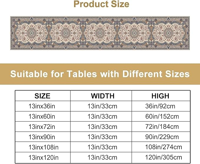Boho Bohemia Style Table Runner, Vintage Blue Teal Gold Retro Flower Rustic Country Style Floral Print Pattern for Home Kitchen Table Decor Dining Coffee Room Garden Party Decor 13x120in