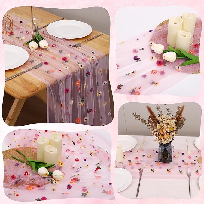 Pink Floral Table Runner 10 FT, Embroidery Daisy Table Runners Seasonal Sheer Tulle Table Runner for Thanksgiving Wedding Birthday Baby Shower Party ﻿