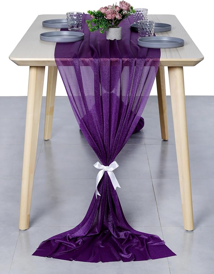 MDS 10 Pack 10ft Chiffon Table Runner 29 x 120 Inches Sheer Wedding Runner Romantic Rustic Table Runner for Wedding Decorations, Birthday Parties, Bridal Shower Party Arch Decor - Cadbury Purple