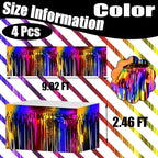 4 Pack 29x108 Inch Metallic Foil Fringe Tinsel Table Skirts for Rectangle Tables Streamer Backdrop for Wedding, Birthday, Parade Floats, Christmas, Halloween Party Decoration(Rainbow)
