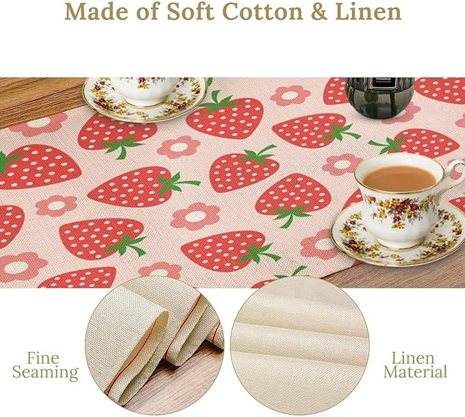Strawberry Table Runner Spring Summer Fruit Pink Berry Forest Garden Dinner Runner for Girl Baby Shower Party Holiday Home Kitchen Dining Table Decor 13x90