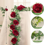 Dolicer 2Pcs 13Ft Artificial Eucalyptus Garlands with Flowers - 8 Roses, Faux Floral Greenery Garlands Fake Flowers Vines for Wedding Table Centerpieces Arch Party Ceremony Backdrop Decor (Red)