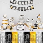 3 Pack Black Gold Silver Foil Fringe Table Skirts Metallic Tinsel Streamers Garland Banner Backdrop for Table Decor, Parade Float, Birthday, Wedding, Halloween, Christmas Party Decorations(29x108 In)