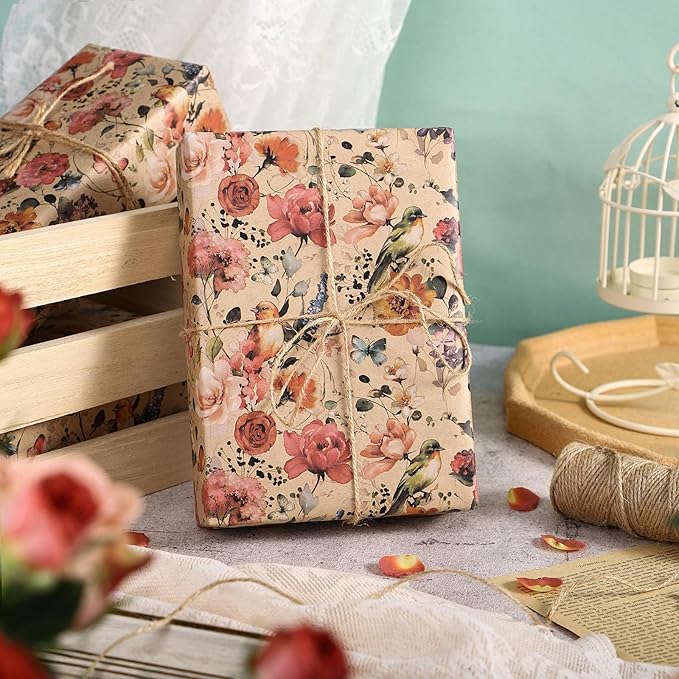 RUSPEPA Blooming Flower Wrapping Paper with Bird and Butterfly Design, 17 in x 32.8 ft Each Roll, Mini Roll Kraft Floral Wrapping Paper for Girls, Women, Spring and Birthday