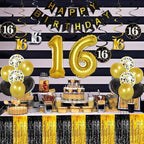 4 Pack 29x108 Inch Metallic Foil Fringe Tinsel Table Skirts for Rectangle Tables Streamer Backdrop for Wedding, Birthday, Parade Floats, Christmas, Halloween Party Decoration(Black Gold)