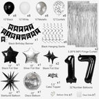 17th Birthday Decorations for Boys Girls, Black Silver Happy Birthday Party Decorations， 17 Year Old Party Supplies with Number 17 Balloons, Banner, Fringe Curtains Kit