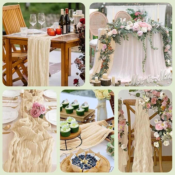Asee'm 6pcs Cheesecloth Table Runner 120 Inches Long Sand Boho Gauze Cheese Cloth Runner 10FT Rustic Sheer Table Runners for Christmas Wedding Party Baby Shower Spring Easter Decoration