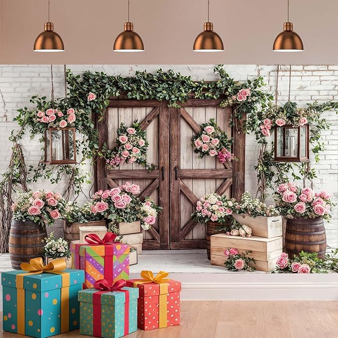 10x8ft Country Wedding Photography Backdrop Floral Rustic Roses Farmhouse Wooden Door Backdrop Pink Flower Birthday Baby Shower Wedding Bridal Party Banner Photo Booth Props Anniversary Background