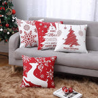 Christmas Pillow Covers 20x20 Set of 4 Farmhouse Christmas Tree Throw Pillow Case Snowflake Reindeer Decoration for Winter Holiday Decor Throw Cushion Case for Home Sofa Couch, Red and White