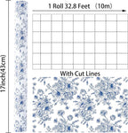 Ulmasinn Blue Floral Wrapping Paper Roll - 17 Inches x 33 Feet - Vintage Toile Blue Floral Design with Cut Lines for Upscale Gifts, Birthday, Bridal Shower, Wedding, Mother’s Day