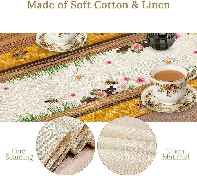 Watercolor Honeycomb Table Runner, Farmhouse Spring Summer Autumn Fall Floral Daisy Bee Print Kitchen Dining Table Decoration for Home Party Decor, 13x36inch