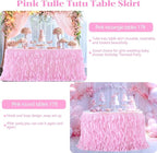PARTISKY Pink Tulle Curly Willow Table Skirt for Rectangle Table 17ft, Ruffle Tutu Table Cloth for Girls Baby Shower,Birthday Party Candy Cake Tables