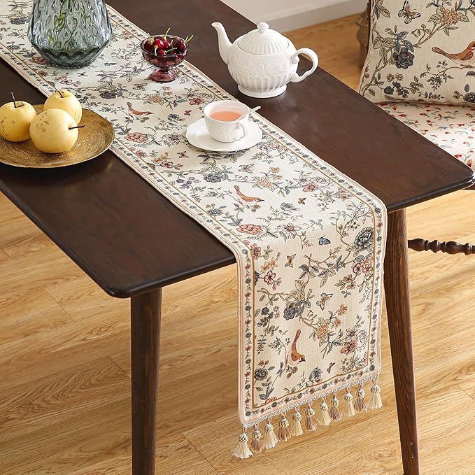 ISAENNE Designer Linen Table Runner 71 Inches Long,Elegant Floral Bird Pattern Table Runners for Dining Room,Farmhouse Rustic Kitchen Decor,Thanksgiving,Christmas,12"*71"-Cornucopia