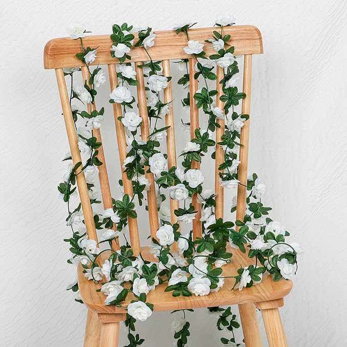 KHOYIME 18 Pack 144 FT Artificial Flower Garland, Fake White Roses Vines Silk Flowers Faux Plastic Outdoor Hanging Floral Ivy Garland Decoration for Wedding Arch Bedroom Home Wall Backdrop Room Decor