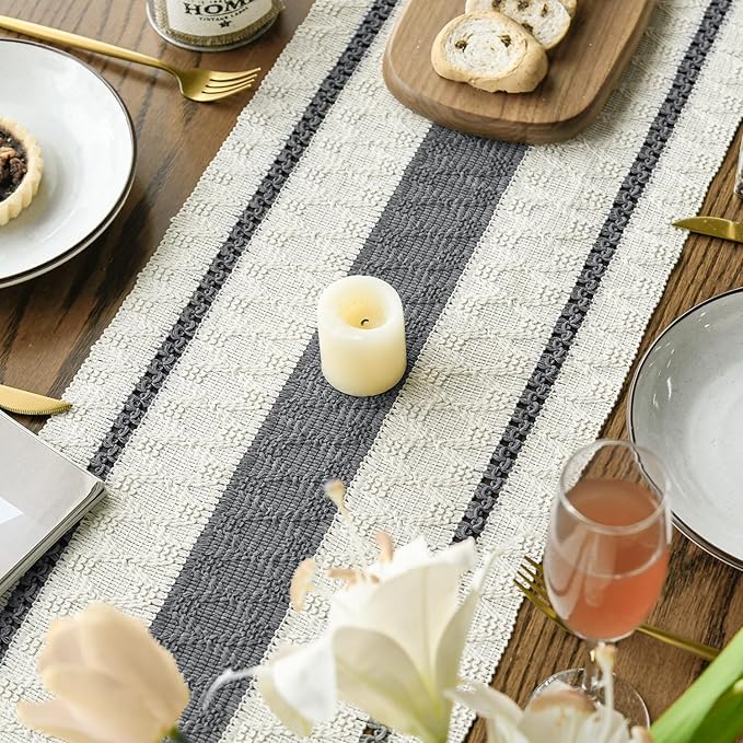 Artoid Mode Dark Grey Farmhouse Woven Rustic Table Runner, Seasonal Holiday Hollow Kitchen Dining Table Decoration for Home Party Decor 12x48 Inch