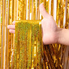 2 Pack Laser Gold Foil Fringe Backdrop Curtains, Tinsel Streamers Birthday Party Decorations, Fringe Backdrop for Graduation, Baby Shower, Gender Reveal, Disco Party