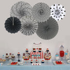 Party Hanging Paper Fans Set, Black Round Pattern Paper Garlands Decoration for Birthday Wedding Graduation Events Accessories, Set of 6