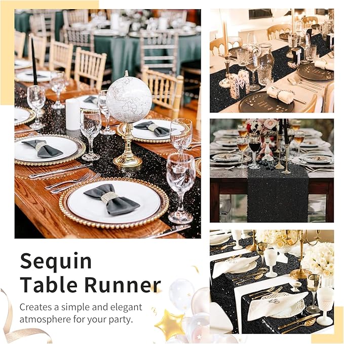 SoarDream Black Table Runner 10 Packs 12x72 Inches Sequin Metallic Fabric Glitter Table Runner for Party Birthday Holiday Event Supplies Decorations