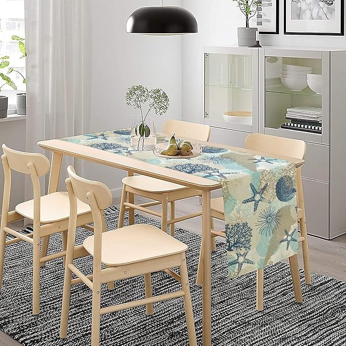 Nautical Coastal Table Runner，Ocean Themed Starfish Coral Conch Beach Kitchen Dinning Table Decoration for Indoor Outdoor Home Party Decor 13x120 Inch