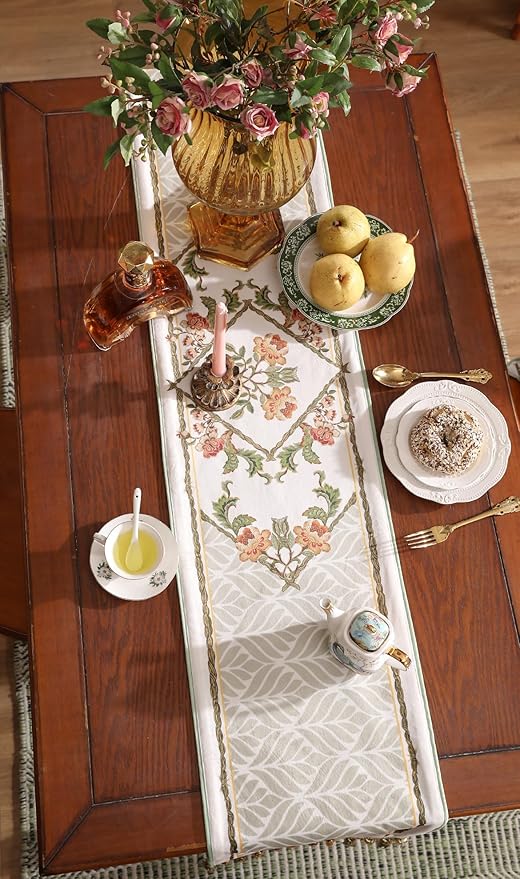 patdrea Designer Elegant French Floral Velvet Table Runner 87 Inch Long, Green with Orange Blossoms Pattern Table Mat, Decor for Kitchen Dining Coffee Table Cabinet Banquet Thanksgiving,12"*87"