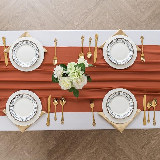 1Pack 9ft Chiffon Table Runner 14x108 Inch Sheer Romantic Table Runner for Wedding Birthday Party Bridal Shower Outdoor Decoration-Rust