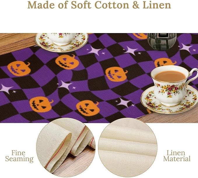 Halloween Table Runner,Purple Checkered Pumpkin Table Runner for Kitchen Dining Table Decoration Home Party Decor 13x60 Inch