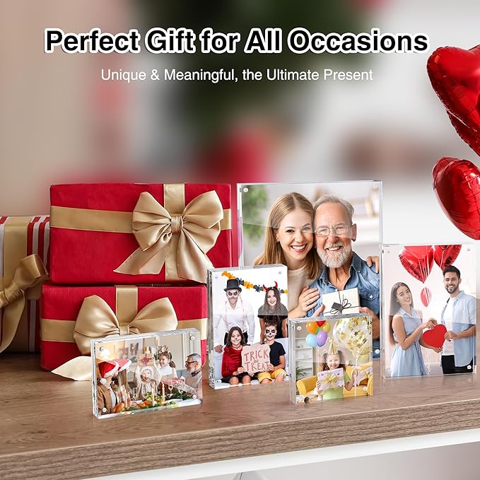 HOUSE DAY Acrylic Picture Frames 4x4, 6 Pack Magnetic 4 x 4 Picture Frame, Double Sided Clear 4x 4 Photo Frame with Microfiber Cloth, Frameless FreeStanding 4x4 Frame Gift for Desktop Display