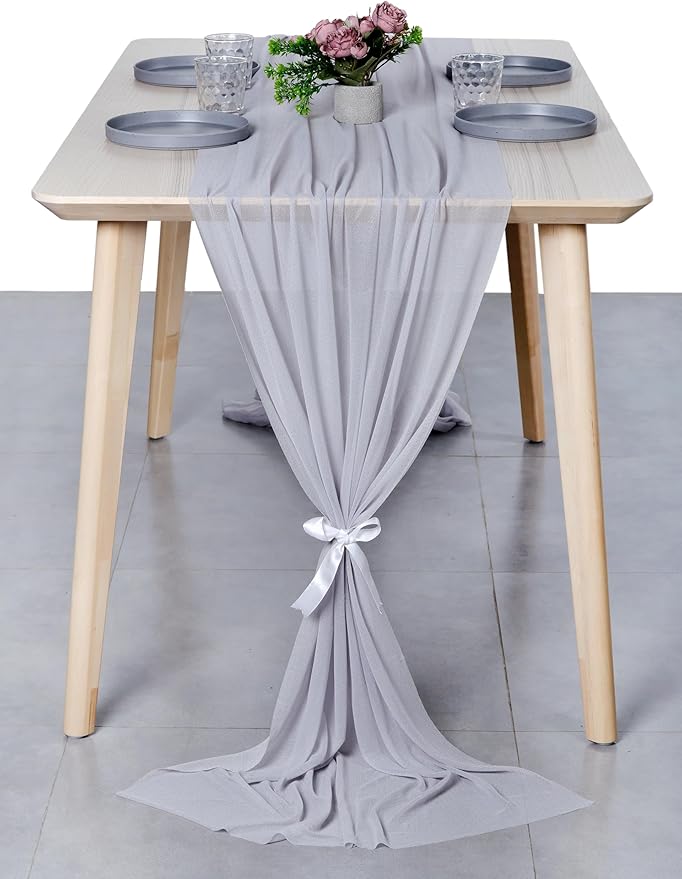 MDS Halloween Chiffon Table Runner - 10 Pack, 29 x 170 Inches, 14ft Each - Sheer Spooky Table Runners for Haunted House Parties, Trick-or-Treat Tables, Witchy Décor, Wedding & Events - Cool Gray