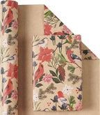 RUSPEPA Kraft Christmas Wrapping Paper Roll, Mini Roll, Watercolor Bird and Botanical Design with Flowers & Pinecones, Kraft Gift Wrap for Women, Friends, Holiday, Winter Party, 17 Inches x 16.4 Feet