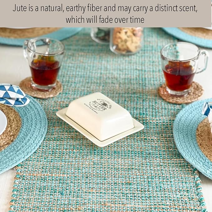 Chardin home Natural Jute Table Runner 13x48 Inch – Vintage Boho Rustic Table Decor – Handwoven Table Runner in Natural Jute and Aqua Turquoise – Farmhouse Dining or Console Table Accent