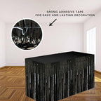 Black Streamers Party Decorations, 2 Packs Black Table Skirts Metallic Foil Fringe Tinsel for Graduation Birthday Wednesday Twilight Wizard Float Parade Halloween Party Supplies - 29x108 Inch