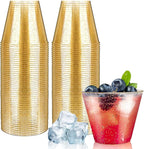 [100 Pack] 9oz Plastic Cups with Gold Glitter Sturdy & Food Safe Disposable Wine Glasses Party Wedding Cups Disposable Drinking Cups Plastic Cocktail Glasses for Wine, Cocktails & Cold Beverages