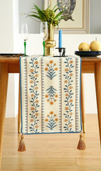 ISAENNE Designer Pale Yellow Elegant Linen Extra Long Table Runner 118 Inches,French Floral Pattern Elegant Table Runners for Dining Tables,Thanksgiving,Kitchen Tables,Christmas,12"*118"-Estevan A