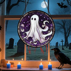 Stained Glass Window Hanging - Halloween Decorations White Ghost Purple Stars Suncatcher for Doors Garden Spooky Funny Sun Catchers Gothic Decor Horror Gifts for Women Men Friend 6.3 in