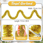 25 Feet Gold Christmas Tinsel Garland, Metallic Foil Twist Banner Wall Hanging Tinsel Streamers Backdrop for Parade Floats, Christmas, Mother's Day, Birthday Party Decorations(4in x 25ft)