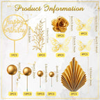 Shimeyao 52 Pcs Wedding Birthday Gold Cake Decoration Boho Cake Topper Pink Purple Flower Butterfly Palm Leaves Balls Toppers for Women Baby Shower Party Decoration(Gold)