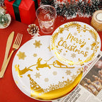 Supernal 150pcs Christmas Plates, Christmas Plastic Dinnerware include Gold Plastic Plates,Gold Plastic Silverware,Gold Plastic Cups, Christmas Party Plates for 25 Guests