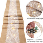 Xinnun 6 Pack Burlap Table Runner with LED String Lights, Modern Rustic Lace Natural Vintage Boho Jute Wedding Table Decor for Farmhouse Thanksgiving Christmas(Modern Neutral,12x70 Inches)