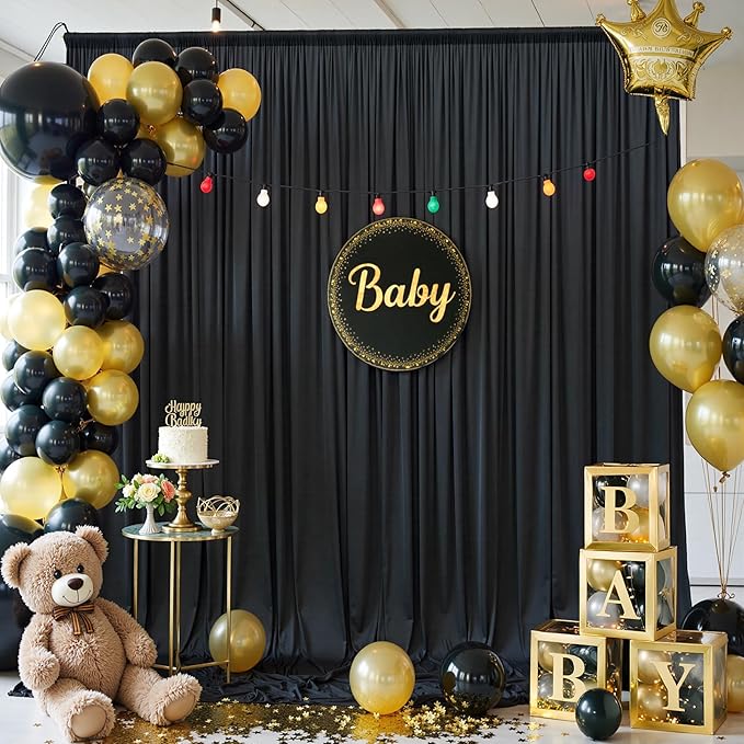 50×14ft Wrinkle Free Black Backdrop Curtain for Parties Wedding,10 Panels 5×14ft Height Soft Silky Polyester Photo Backdrop Drapes for Birthday Graduation Photography Stage Event Background Cloth
