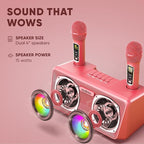 MASINGO Karaoke Machine for Adults and Kids with 2 Wireless Microphones, Portable Bluetooth Singing Speaker, Colorful LED Lights, PA System, Lyrics Display Phone Holder, and TV Cable. Presto G2 Pink